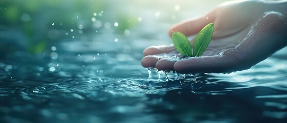 Hand holding a green plant above water surface with droplets, capturing the essence of growth and nature.