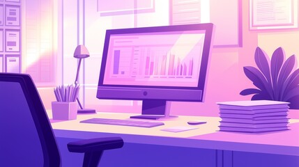 Fototapeta premium A modern office workspace bathed in purple hues, featuring a desktop computer displaying charts and financial data, surrounded by stacks of documents and a neat arrangement of office supplies