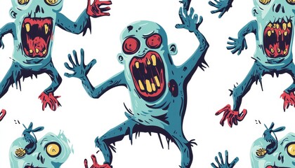 Seamless Pattern of Cartoon Zombies with Open Mouths and Red Hands