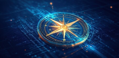 Abstract digital compass, star map, and blue glow lines on a dark background.