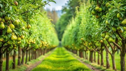 Rows of fruit trees laden with green fruit, leading to a picturesque, verdant horizon