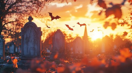 This serene yet spooky graveyard scene at twilight features silhouetted tombstones against a vibrant sunset, with bats flying through the autumn leaves.