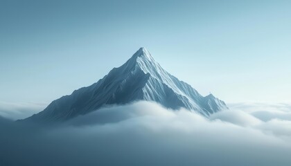 Majestic mountain peak emerging from soft clouds against a serene blue sky.
