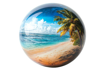 A stunning beach scene encapsulated within a globe, featuring vibrant palm trees and crystal-clear ocean waves.