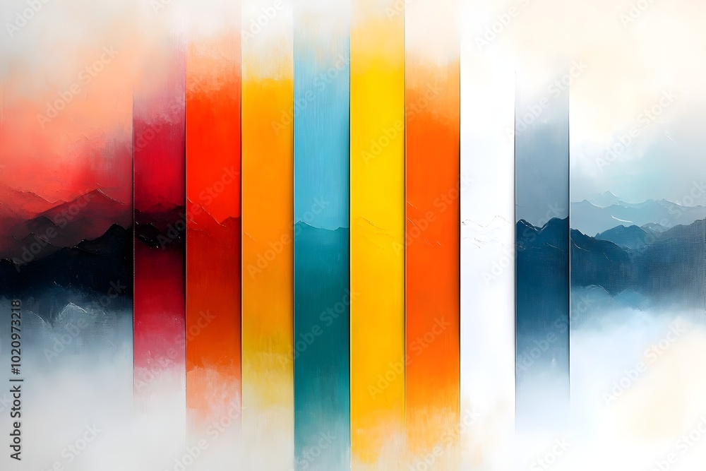 Poster a contemporary abstract landscape with a striking composition of horizontal color bars in a vivid co