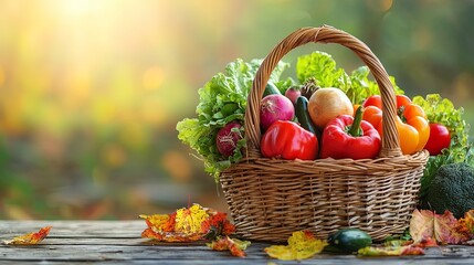 A richly filled wicker basket with assorted vegetables including peppers, onions, and tomatoes, placed on a rustic wooden table with autumn leaves surrounding it.