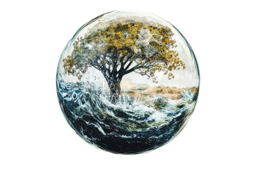 A tranquil landscape featuring a tree rising from the waves, symbolizing harmony between nature and water.