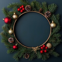 Festive Christmas wreath with red and gold ornaments and pinecones on dark background.