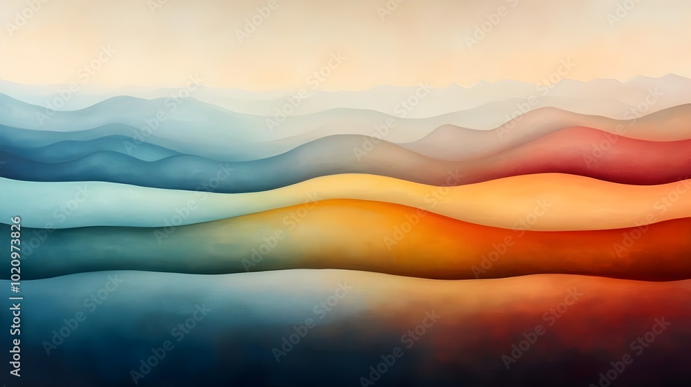 Poster serene and contemplative abstract landscape painting in an impressionistic style composed of horizon