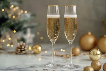 Elegant champagne flutes with golden bubbles, set on a marble table with festive decor, symbolizing celebration and luxury, perfect for special occasions and upscale events
