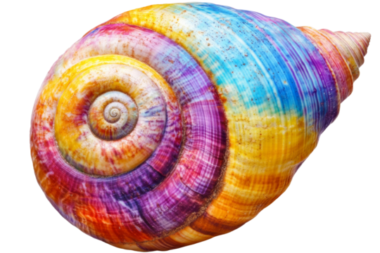Rainbow Seashell Spiral: Vibrant, colorful seashell with a mesmerizing spiral pattern.  A captivating image for nature lovers, artists, and designers. 