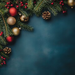 Christmas pine branches with red ornaments on dark background, festive holiday decor.