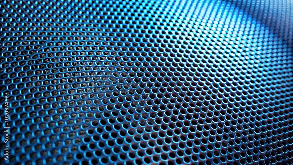 Poster a close-up shot revealing the intricate pattern of a blue metal grille, highlighting the circular pe