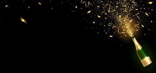 Congratulatory Horizontal Banner with Champagne and Golden Confetti