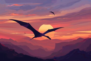 Fototapeta premium Soaring pterosaur at sunset in vibrant mountain landscape