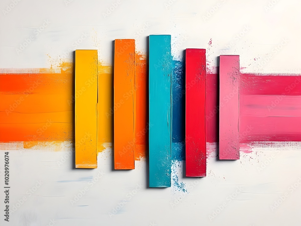 Poster vibrant and dynamic abstract painting with horizontal lines in a spectrum of warm and cool colors ex