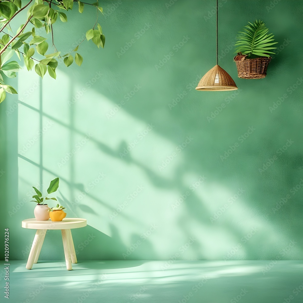 Poster sleek and modern 3d studio setting with lush green backdrop uncluttered space and a spotlight illumi