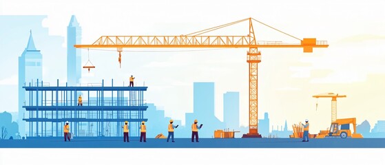 Modern Construction Team Planning Project with Crane in Background