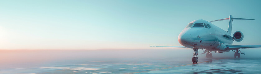 Obraz premium Luxury Private Jet Parked on the Runway at Sunrise with a Stunning Sky, Capturing Elegance and Sophistication in Modern Aviation Against a Serene Morning Landscape