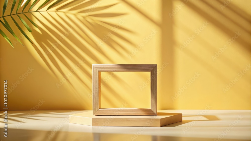 Poster Wooden Frame on a Hexagonal Platform with Light Streaming Through Palm Leaves