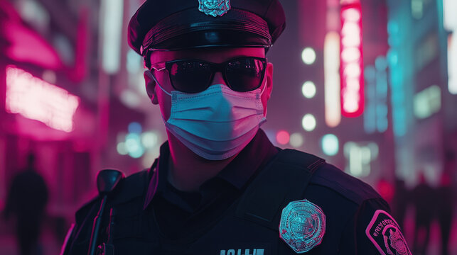 Police Officer in Uniform Wearing Mask on Patrol Duty