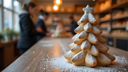 shortbread Christmas tree adorned with a star dusted with powdered sugar placed on a bakery counter in the background figures of people and shelves filled with rows of bread