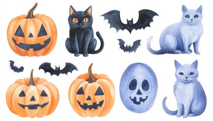 Watercolor Halloween Clipart with Pumpkins, Cats, and Bats