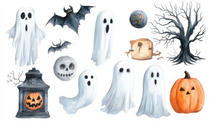 Watercolor Illustration of Halloween Elements with Ghosts, Bats, a Tree, Pumpkins and a Skull