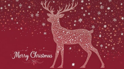 Silhouette of a deer consisting of small snowflakes and stars on a red background, with the inscription "Merry Christmas", Christmas card