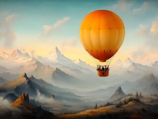 A majestic hot air balloon floating gracefully over a picturesque mountain range