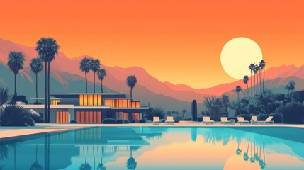 Flat Illustration of Palm Springs with Retro Architecture and Desert Landscape


