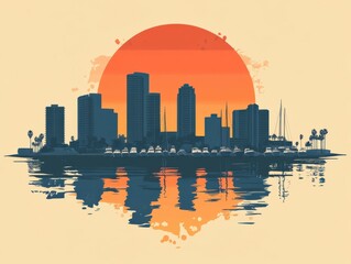 Flat Illustration of Long Beach with Waterfront Skyline and Marina

