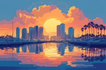 Fototapeta premium Flat Illustration of Long Beach with Waterfront Skyline and Marina