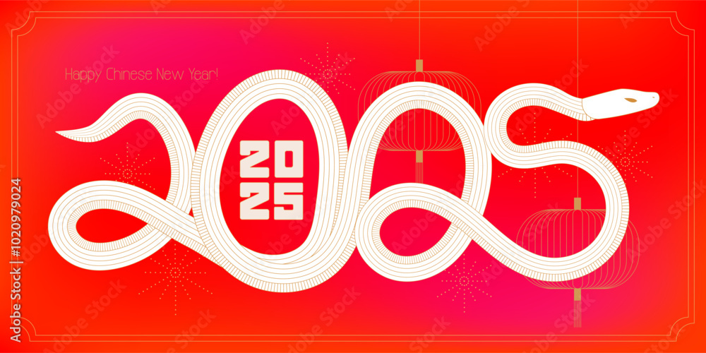 Poster greeting card with snake in curved twisted shapes in shape of year numbers. 2025 chinese new year sy