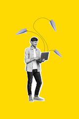 Vertical poster collage young man social media remote communication send message letter email...