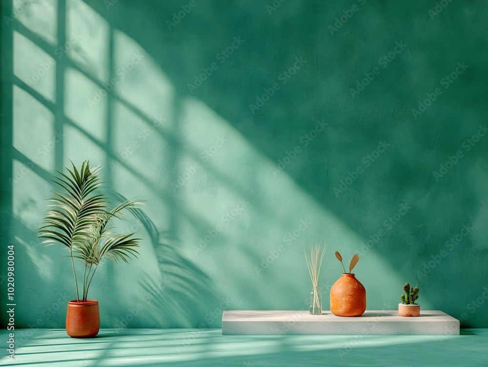Poster minimalist 3d architectural interior scene featuring an emerald green backdrop a concrete product di