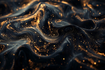 whirling gold particles in black fluid magical waves background