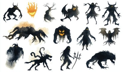 Fototapeta premium Watercolor Silhouettes of Various Monstrous Creatures with Glowing Eyes