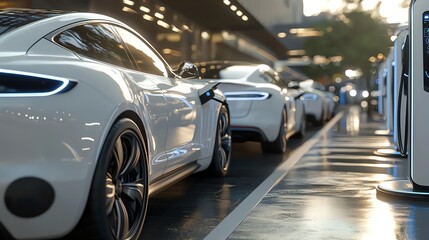 Electric vehicle fleet charging in a solarpowered station, sustainable transportation, 3D illustration