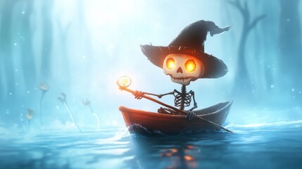 Fototapeta premium Skeleton Witch Navigating Haunted Boat on Mystical Moonlit Sea