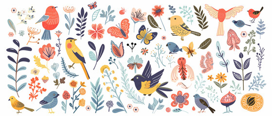Colorful Birds, Flowers, and Butterflies in Nature