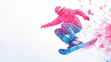 Naklejka premium Dynamic Snowboarder in Mid-Air Trick Amid Watercolor Snowy Mountain Scene.