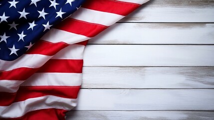 Fototapeta premium American flag on wooden white background with copy space, President day banner.
