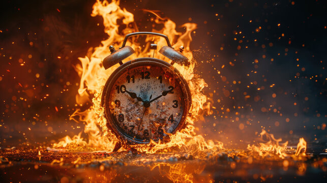 An alarm clock consumed by a fiery inferno, its hands frozen in time, as if the passage of time itself were on fire.