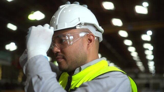 Close up engineer wearing protective safety helmet or hard hat. Safety equipment for industry factory. Safety at work concept.
