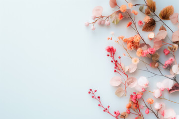Fototapeta premium A stunning display of various dried flowers and delicate leaves, blending soft pinks and warm beiges against a minimalist white backdrop, evoking a sense of calm and elegance