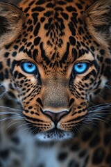 Naklejka premium A close-up of the face and eyes of leopard, capturing its intense gaze and detailed fur texture. 