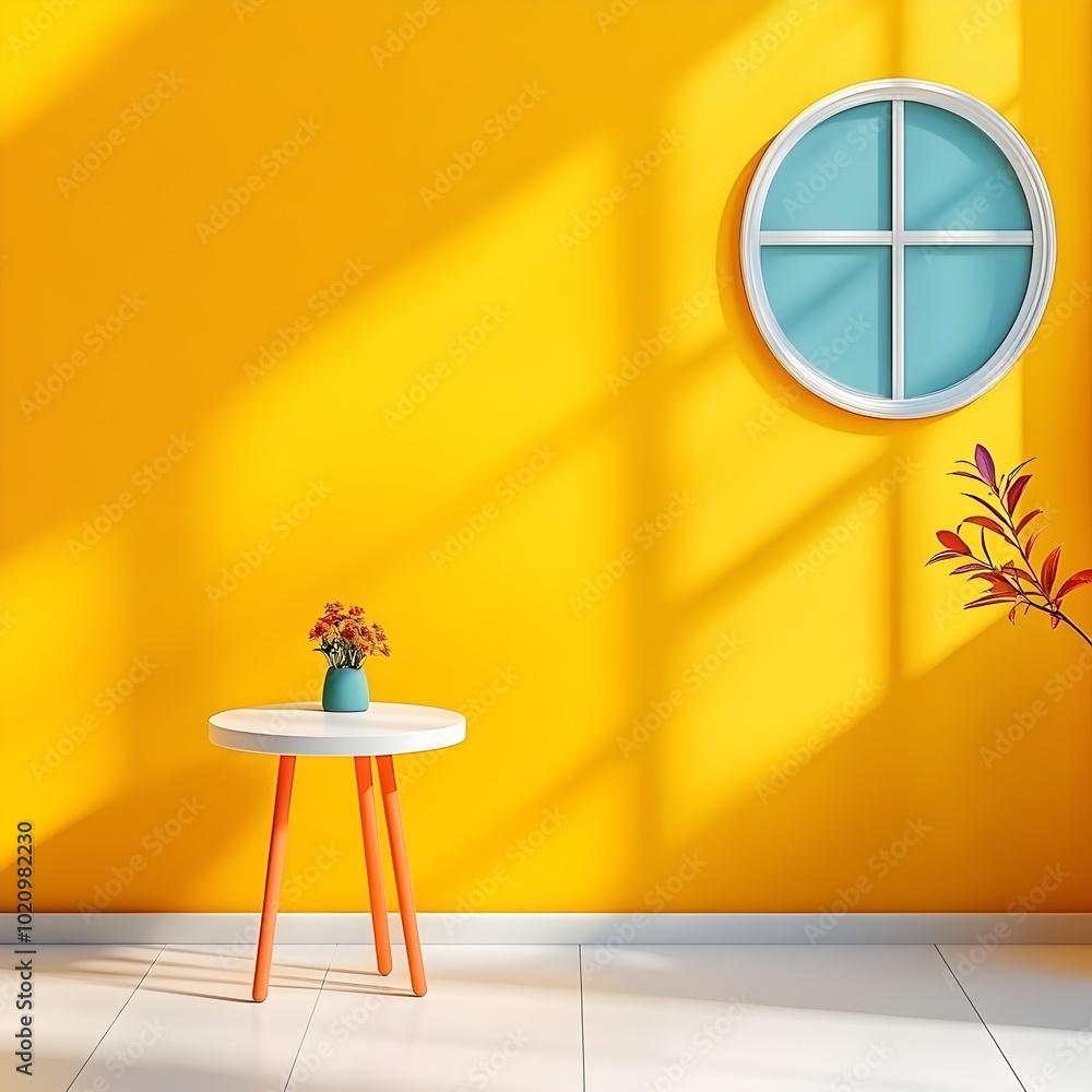 Poster 3d studio setting against a vivid yellow backdrop showcasing a clean bare floor and walls with a pro