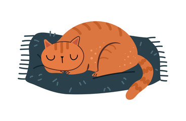Cute cat sleeping on pet cushion. Vector isolated kitty asleep, lying on soft cozy pillow. Comfortable home animals furniture for felines. Cartoon character relaxing in cold winter season