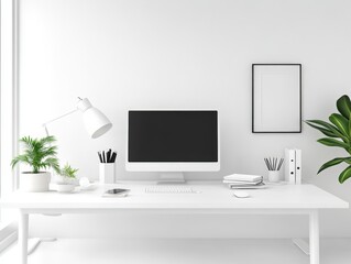 Minimalist white desk with computer and plants.
